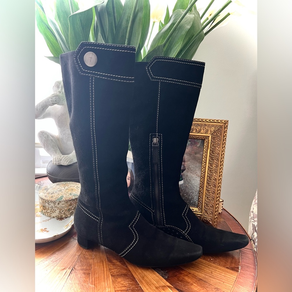 Tod’s Birkin Black Suede White Stitch Side Zip Knee High Boots Sz 36.5